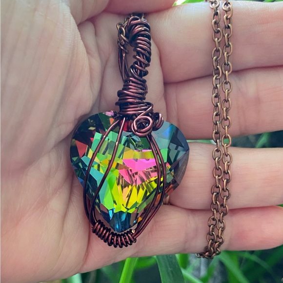 Crystal multicolored large heart  wire wrapped necklace Valentine’s Day gift - Picture 1 of 5